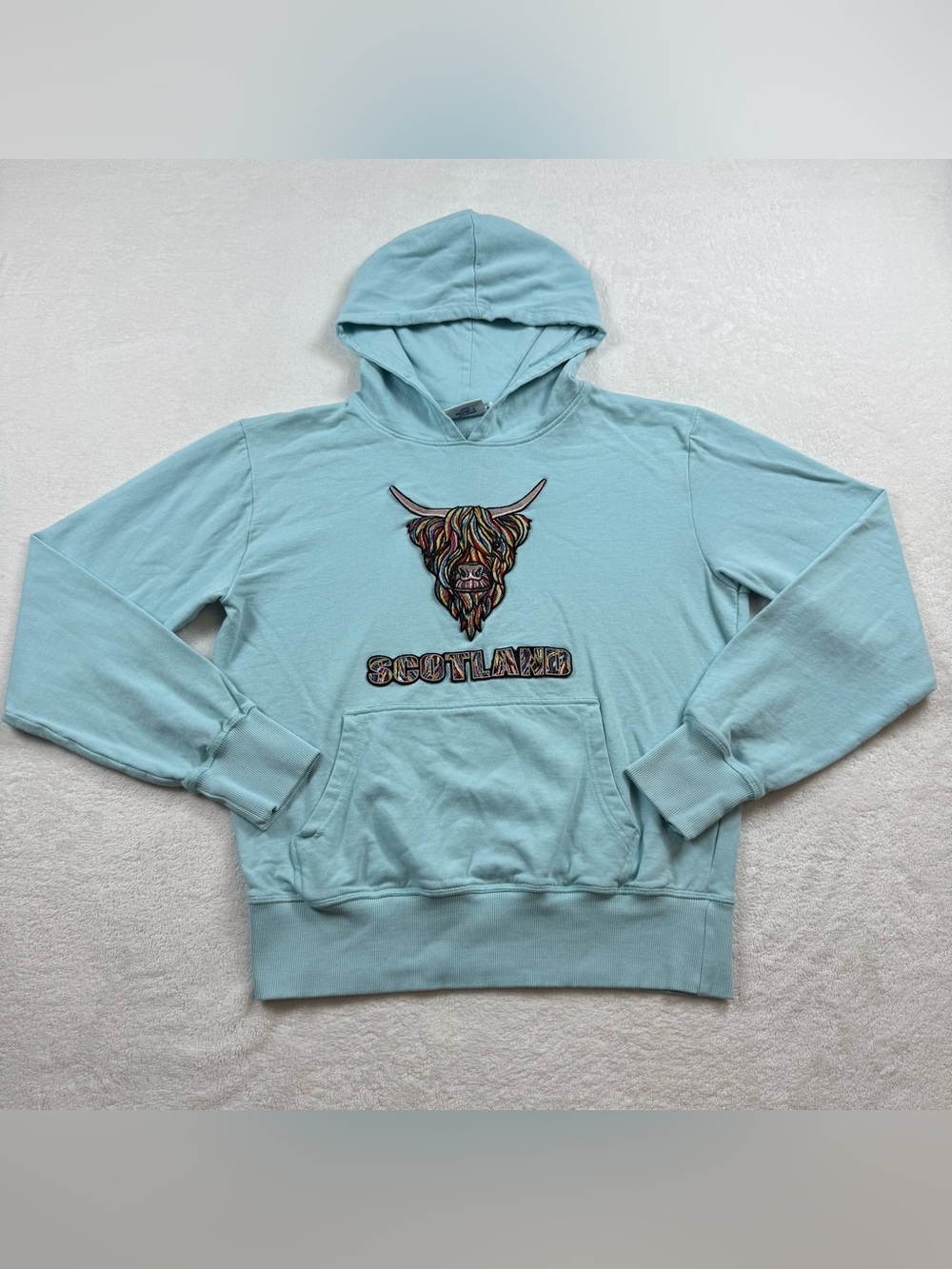 Heritage of Scotland unisex pastel highland cow hoodie light cyan size large